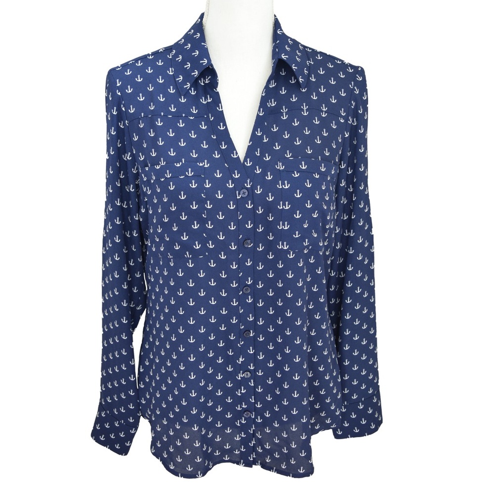 EXPRESS Portofino Nautical Anchor Print Top Roll Tab Sleeve Button Front SZ M